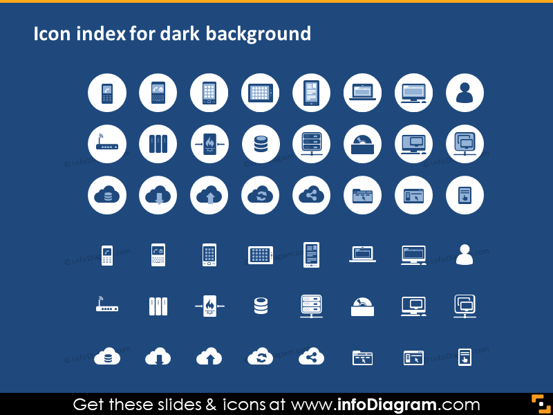 IT-Cloud-Mobilnetzgeräte-Icons PPTX Index auf dunkelblauem Hintergrund