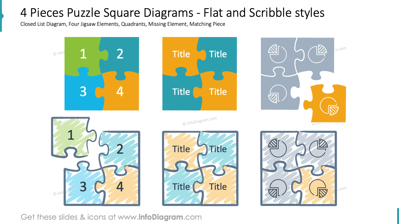 4 Pieces Puzzle Square Diagrams Flat and Scribble Styles