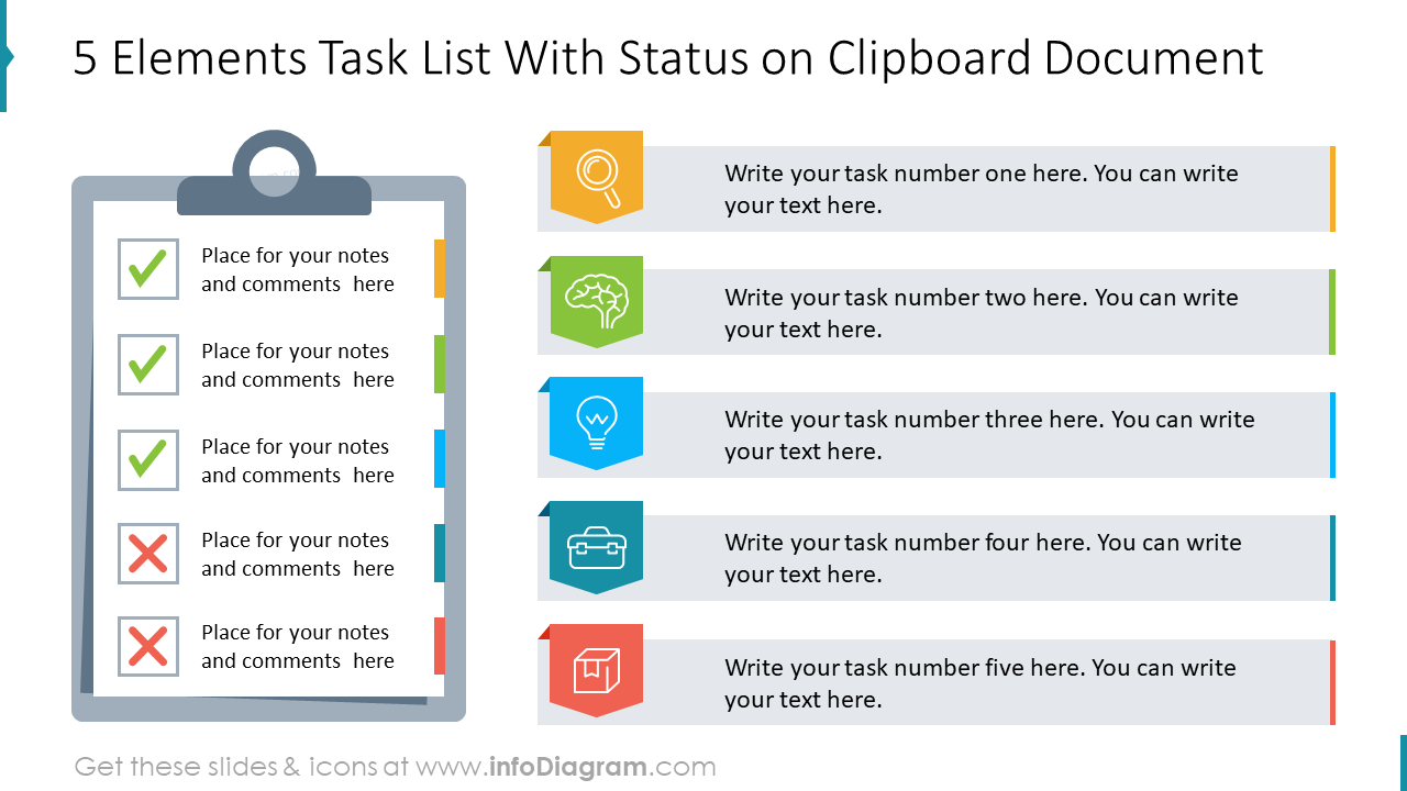5 Elemente Aufgabenliste mit Status im Clipboard-Dokument