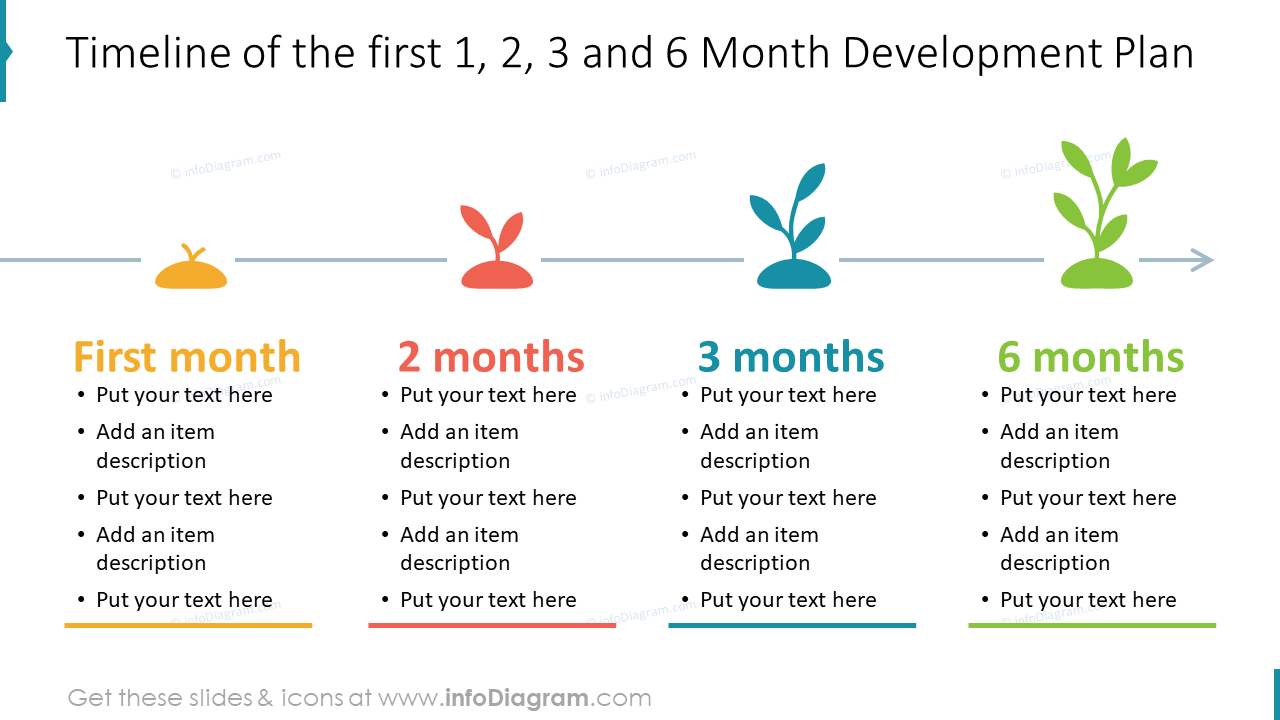 Cronograma del primer plan de desarrollo de 1, 2, 3 y 6 meses