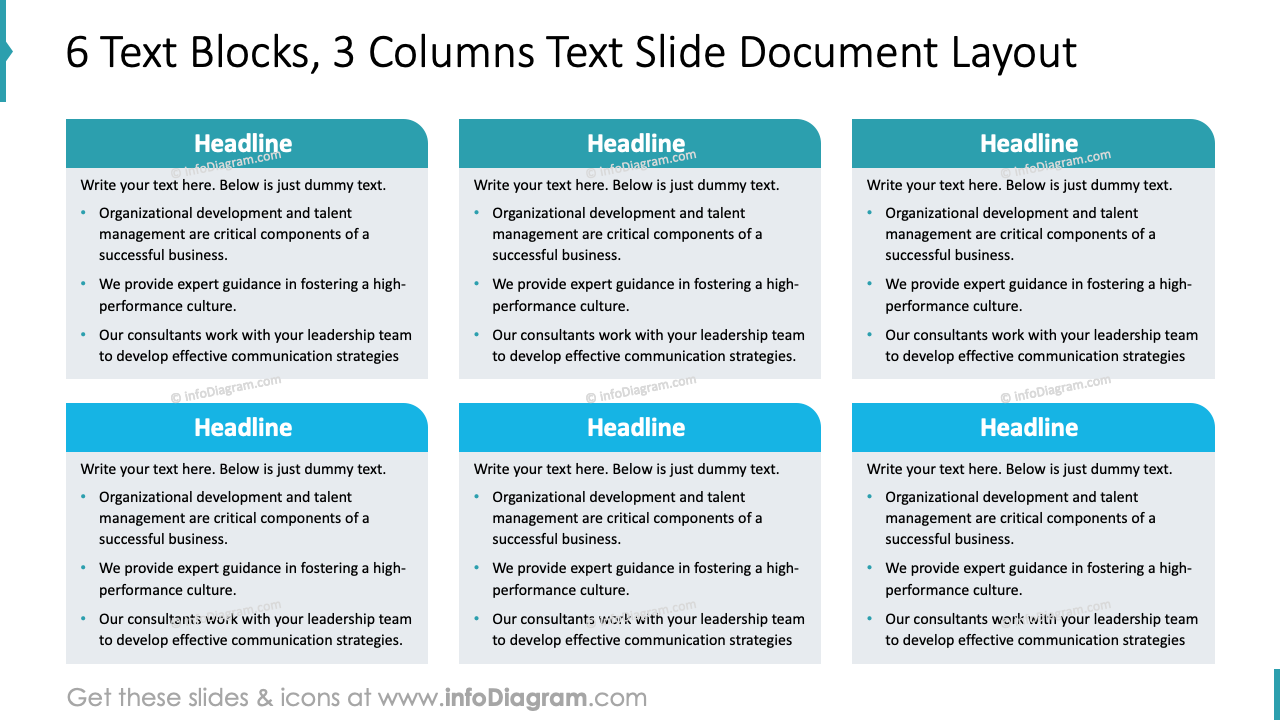 6 Text Blocks, 3 Columns Text Slide Document Layout
