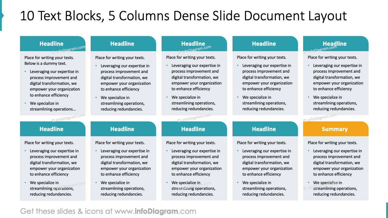 10 Blocos de Texto, 5 Colunas Layout de Documento Denso de Slides