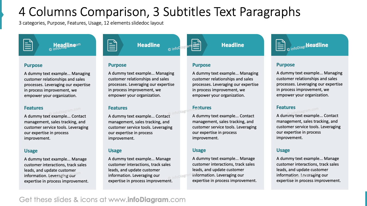 4 Columns Comparison, 3 Subtitles Text Paragraphs
