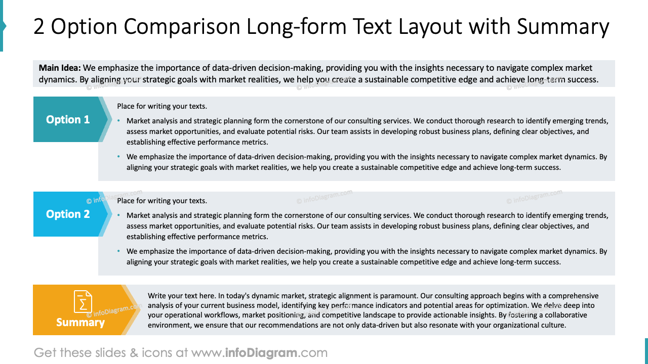 Diseño de texto de forma larga de comparación de 2 opciones con resumen