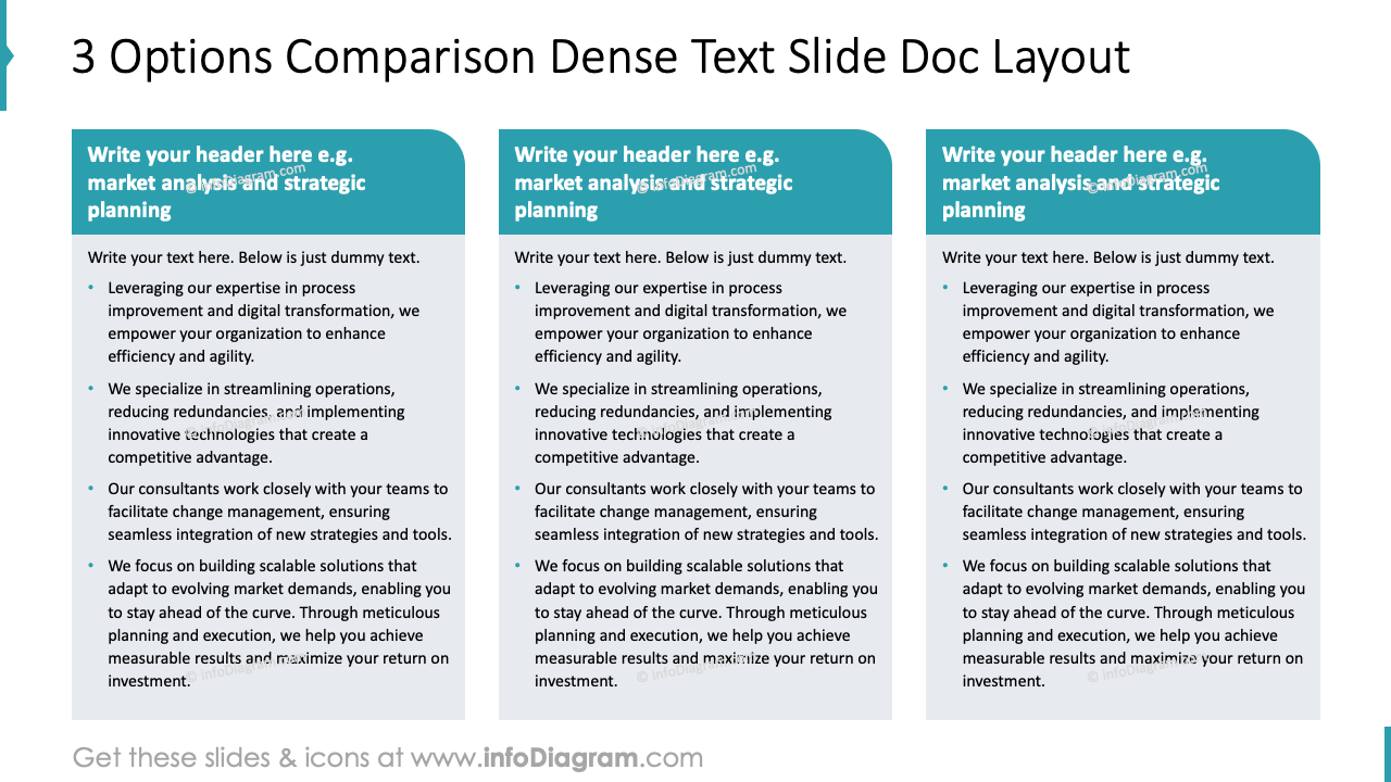 Diapositive de comparaison de 3 options texte dense mise en page doc
