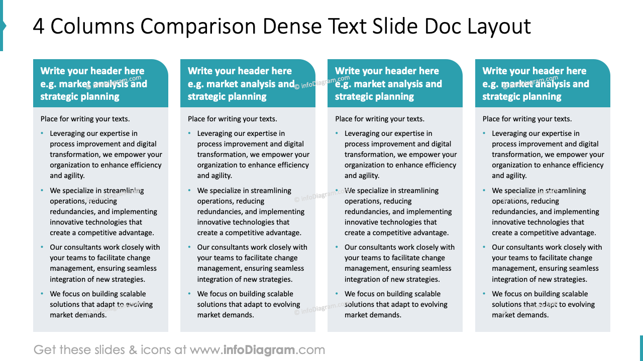 Layout de Documento de Slide com Texto Denso de Comparação em 4 Colunas