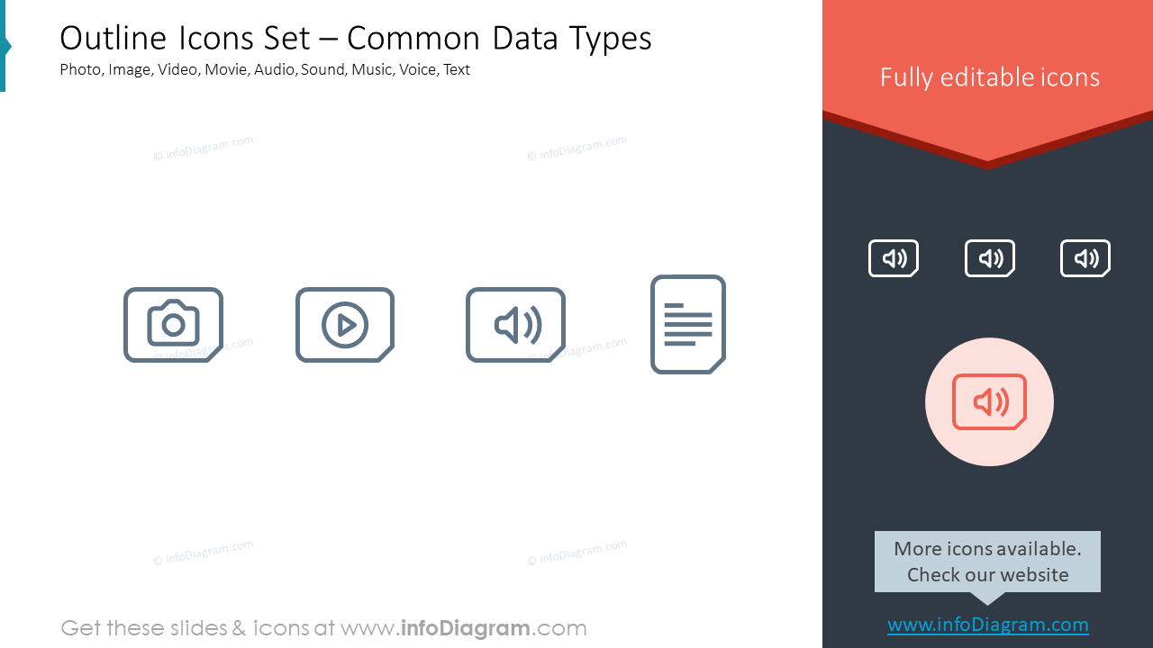 Outline Icons Set – Common Data TypesPhoto, Image, Video, Movie, Audio, Sound, Music, Voice, Text