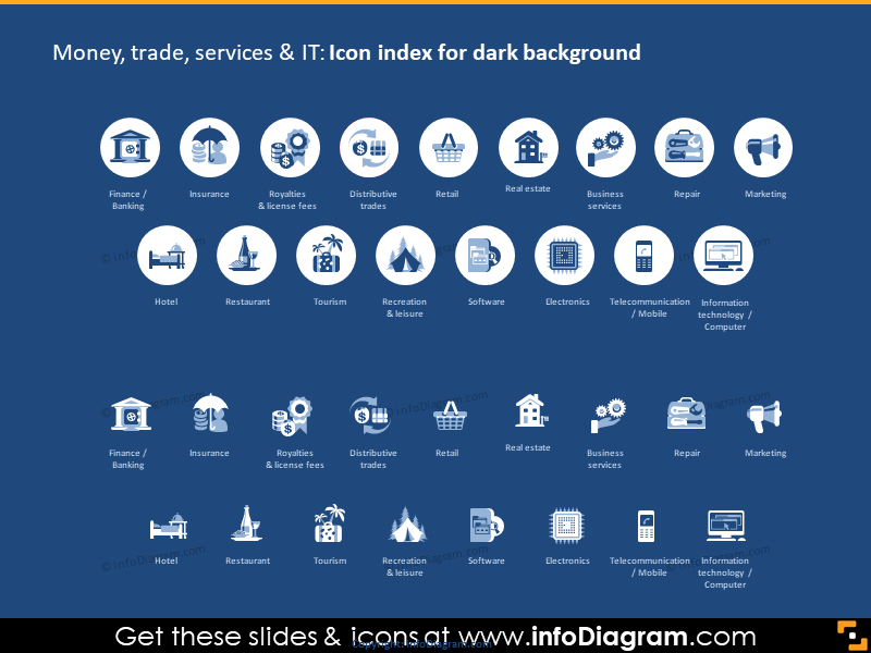 Ícones de indústrias financeiras de dinheiro, clipart de powerpoint escuro