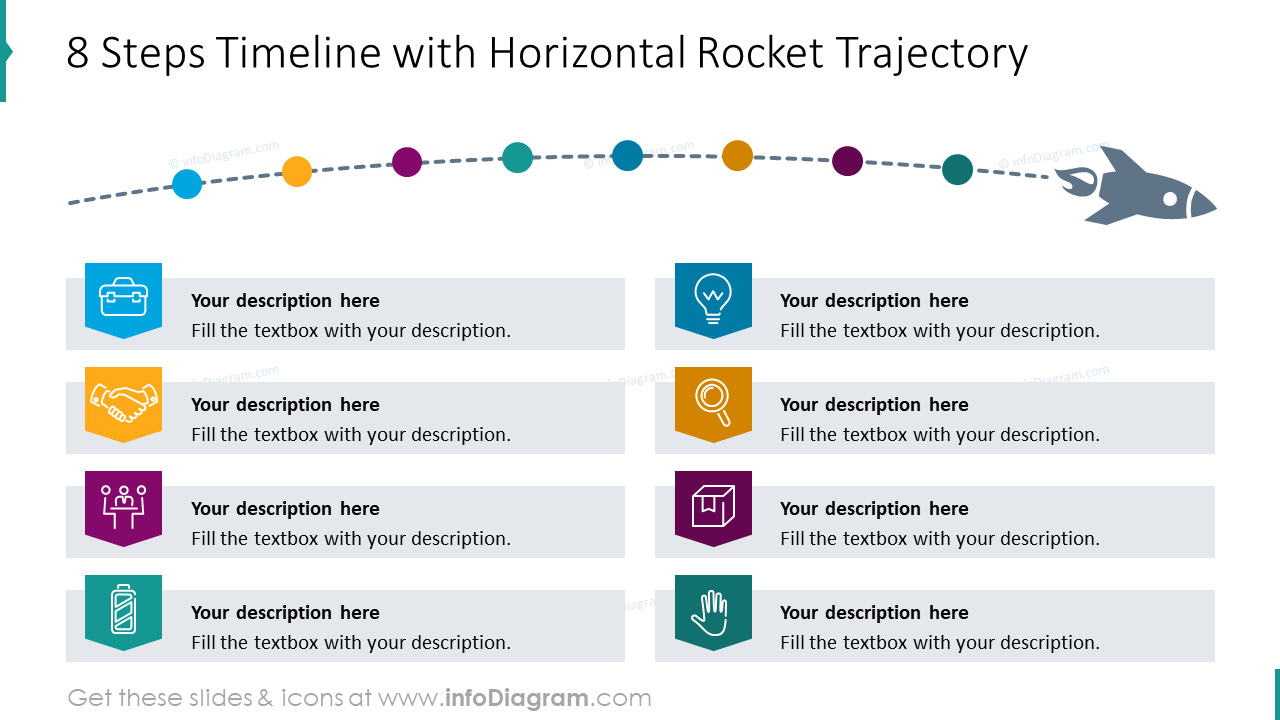 8 Schritte Zeitachse mit horizontaler Raketenbahn