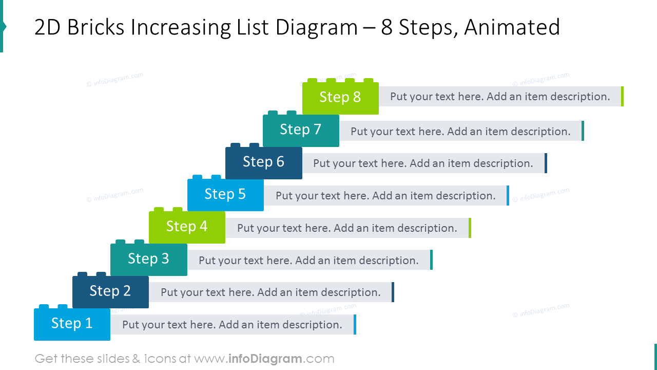 2D bricks increasing list diagram with 8 steps