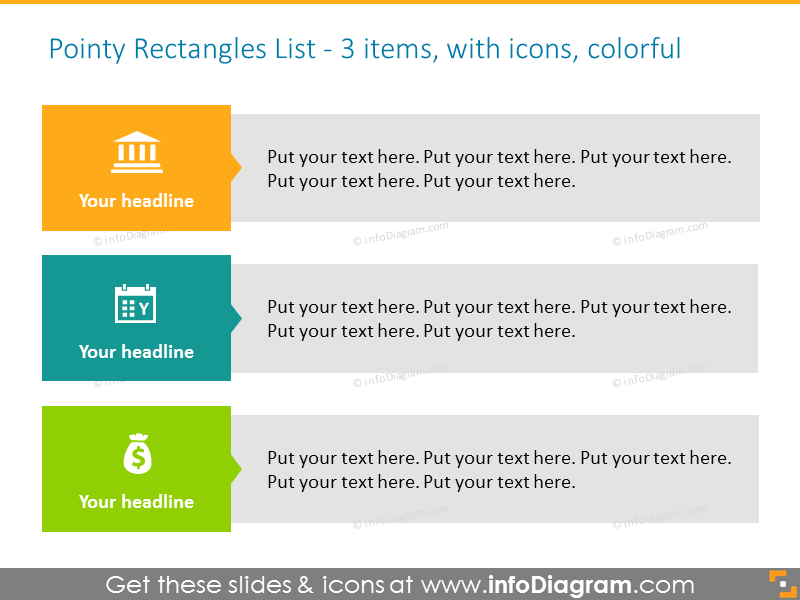 Pointy Rectangles List for 3 elements colored with icons