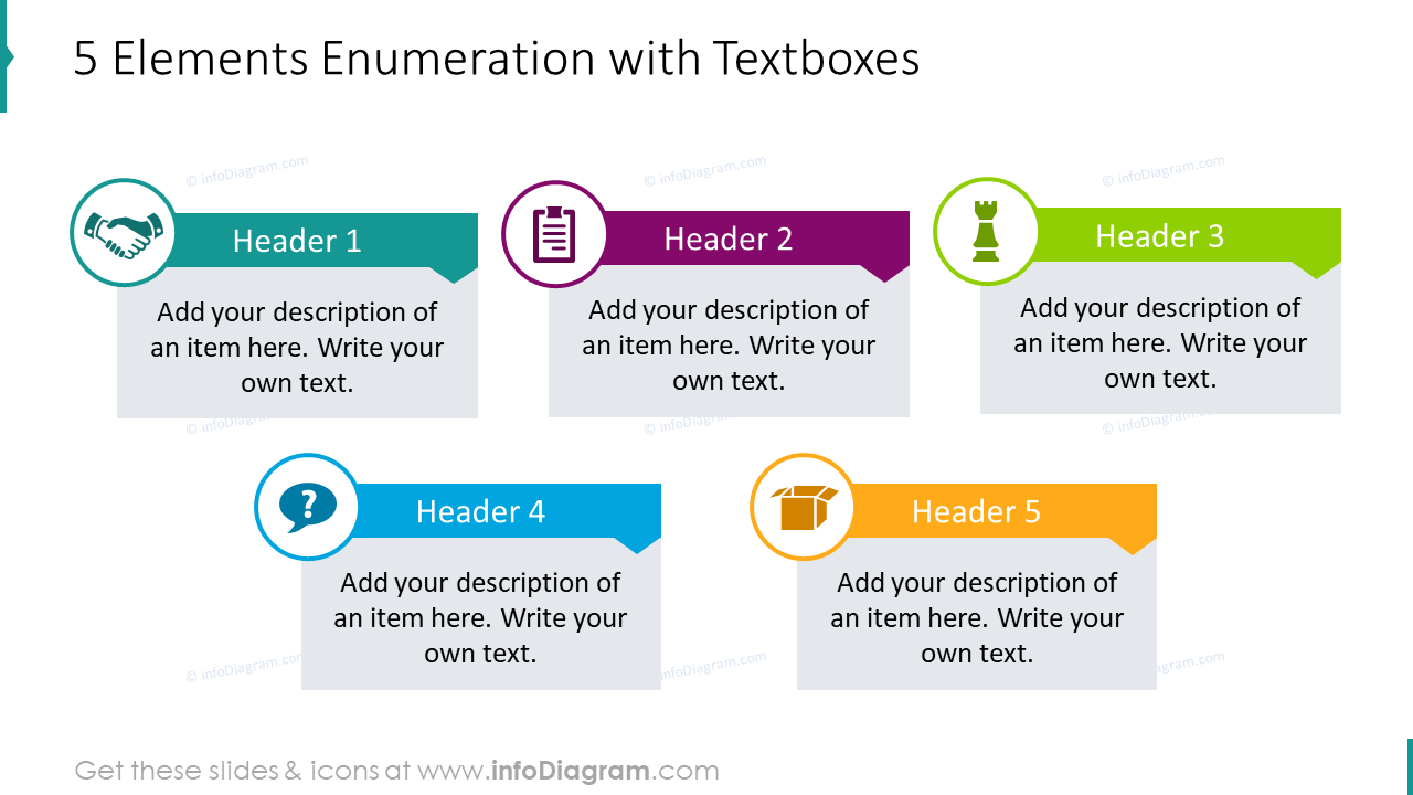 5 elementos enumeración con cuadros de texto