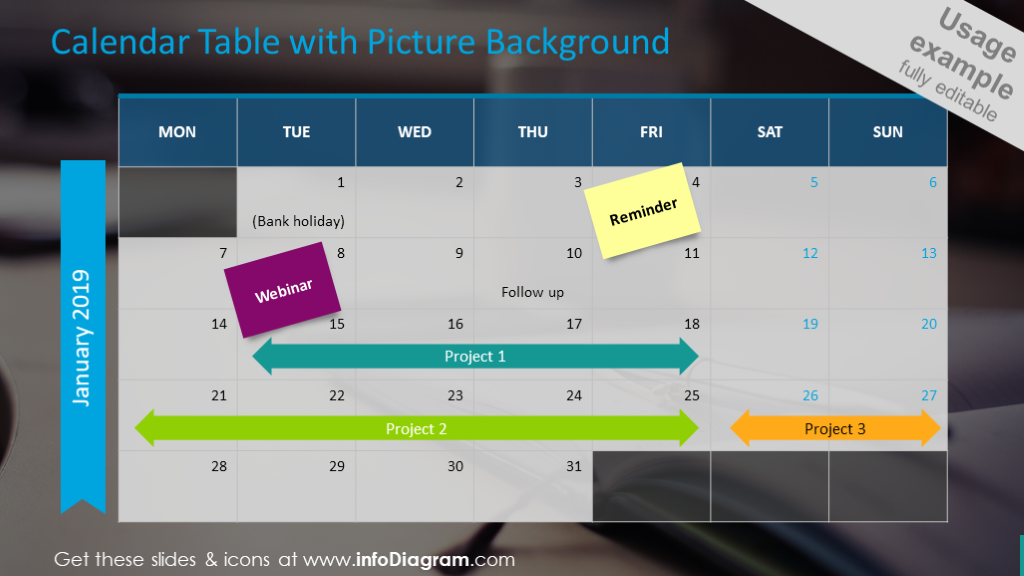 Calendar table illustrated with a picture background