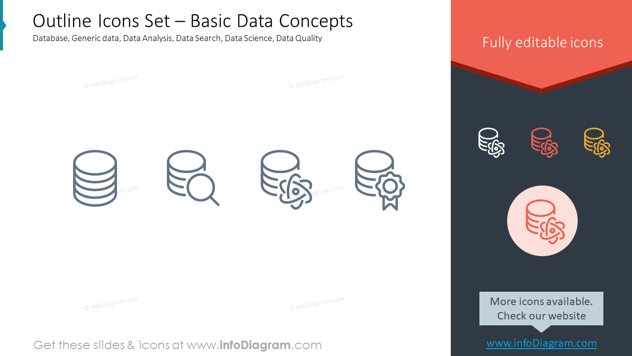 Umriss-Symbole Set – Grundlegende DatenkonzepteDatenbank, generische Daten, Datenanalyse, Datensuche, Data Science, Datenqualität