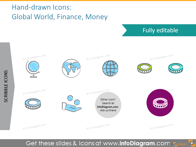 Exemple de l'ensemble d'icônes destiné à représenter le monde global, la finance et l'argent