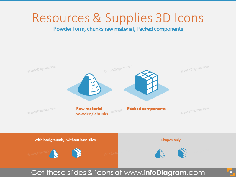 Ressources Icônes 3D : Forme en poudre, morceaux de matière première, composants emballés