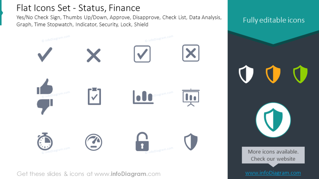 Icons Set: Status, Approve, Check List, Graph, Indicator, Security, Shield