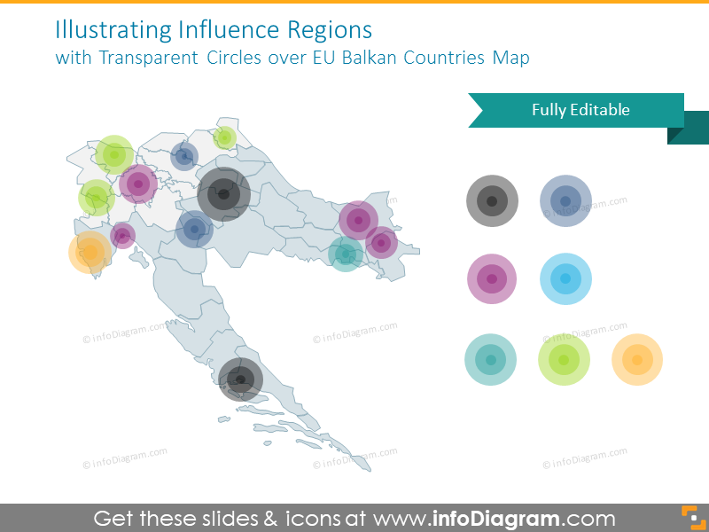 Influence Regions with Transparent Circles over EU Balkan Countries Map