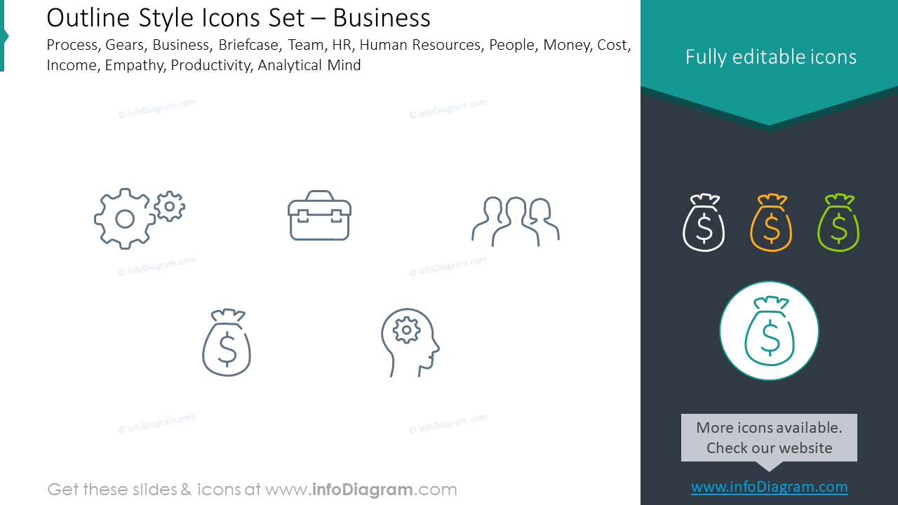 Umriss-Icons-Set: Geschäft Prozess, Zahnräder, Geschäft, Aktentasche