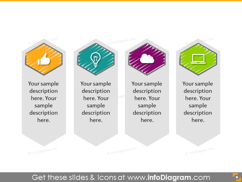 Hexagonal shapes list diagram with 4 items and grey description