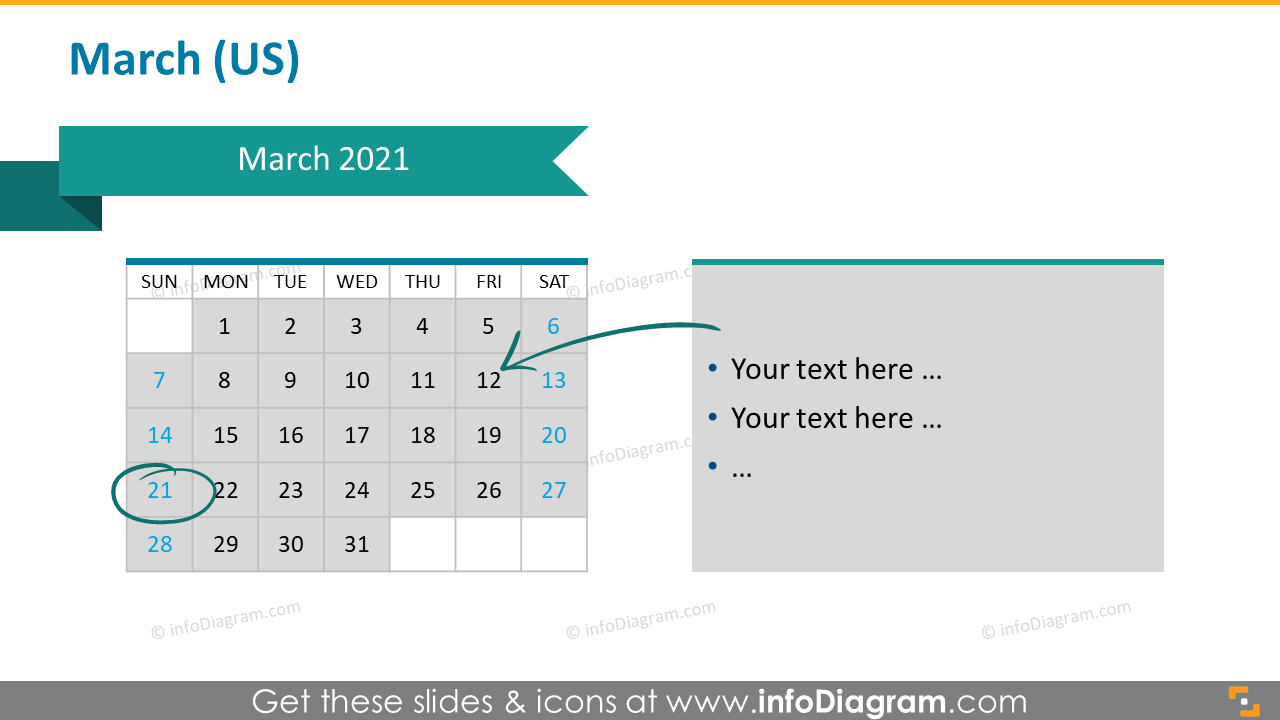 Monthly US calendar 2020 slide with place for notes: March