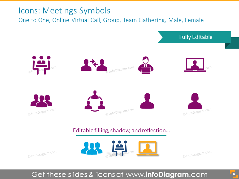 Meetings Symbols: One to One, Online Call, Group, Team, Male, Female 