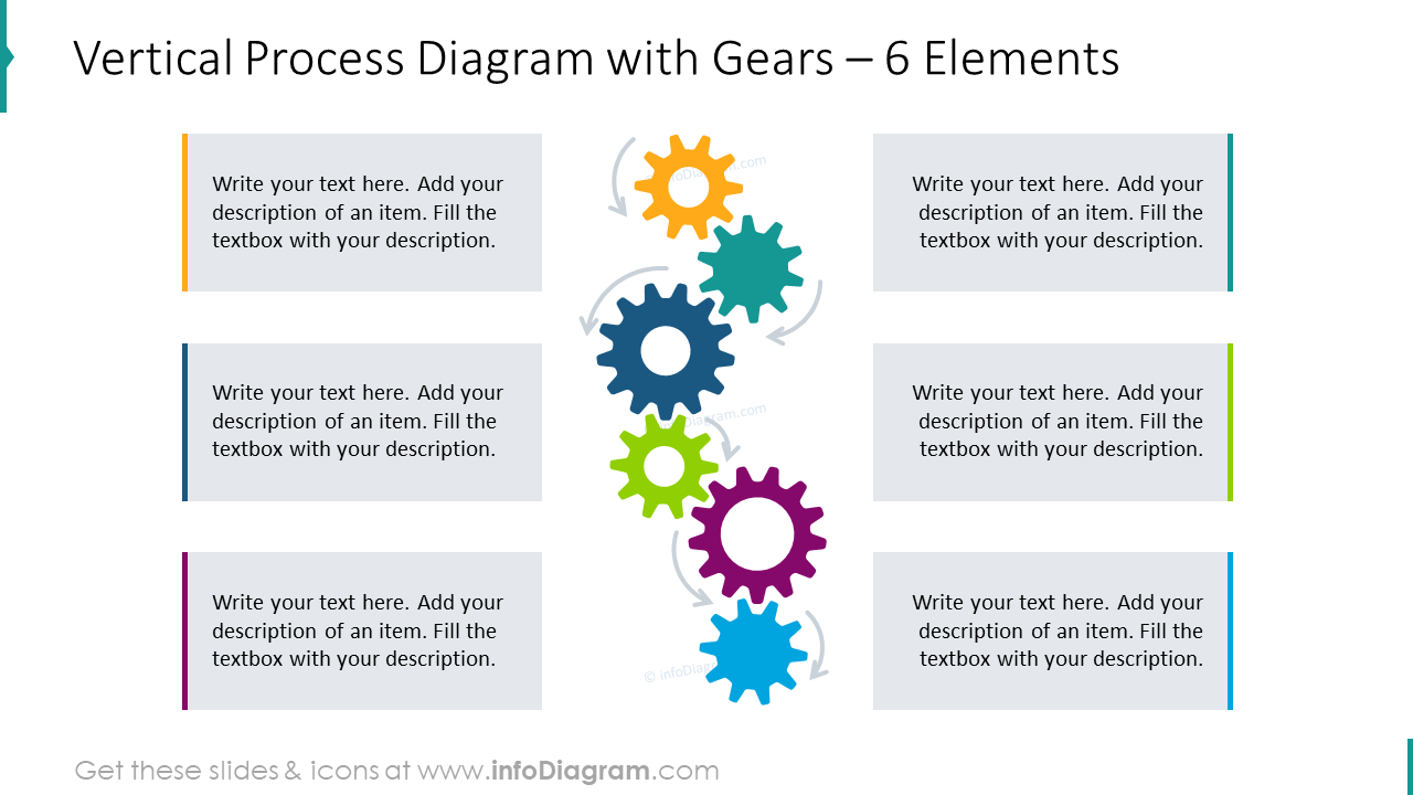 Diagrama de proceso vertical con engranajes para 6 elementos