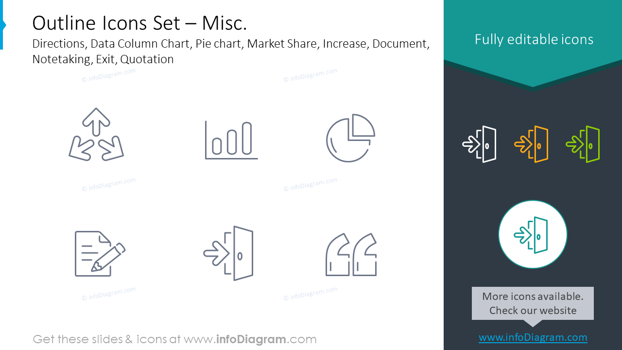 Iconos contornos: direcciones misceláneas, gráfico de barras de datos, gráfico de sectores, cuota de mercado