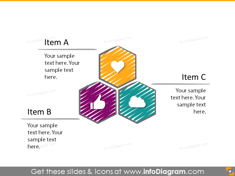 Diagrama de lista de formas hexagonais com 3 itens
