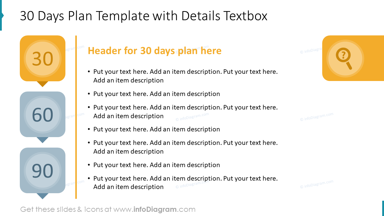 Plantilla de plan de 30 días con cuadro de texto de detalles