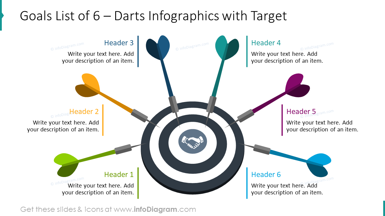 Goals list of six illustrated with darts infographics