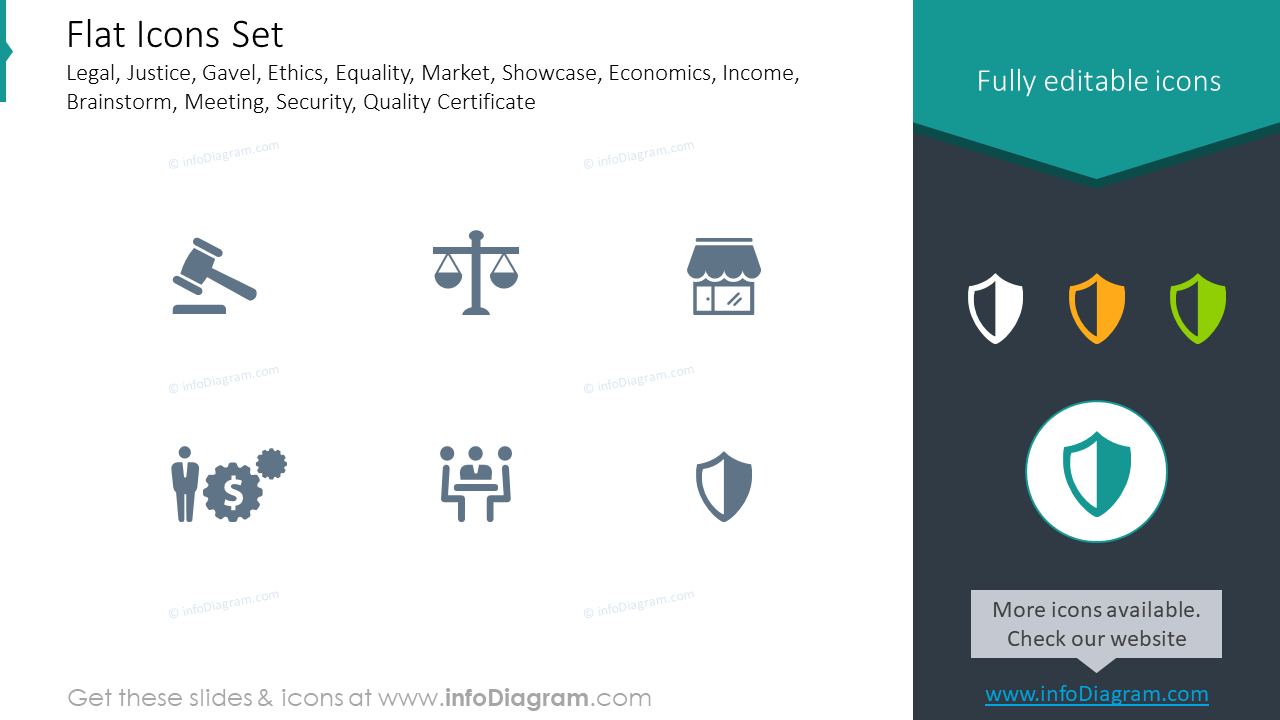 Flat icons set: legal, justice, gavel, ethics, equality