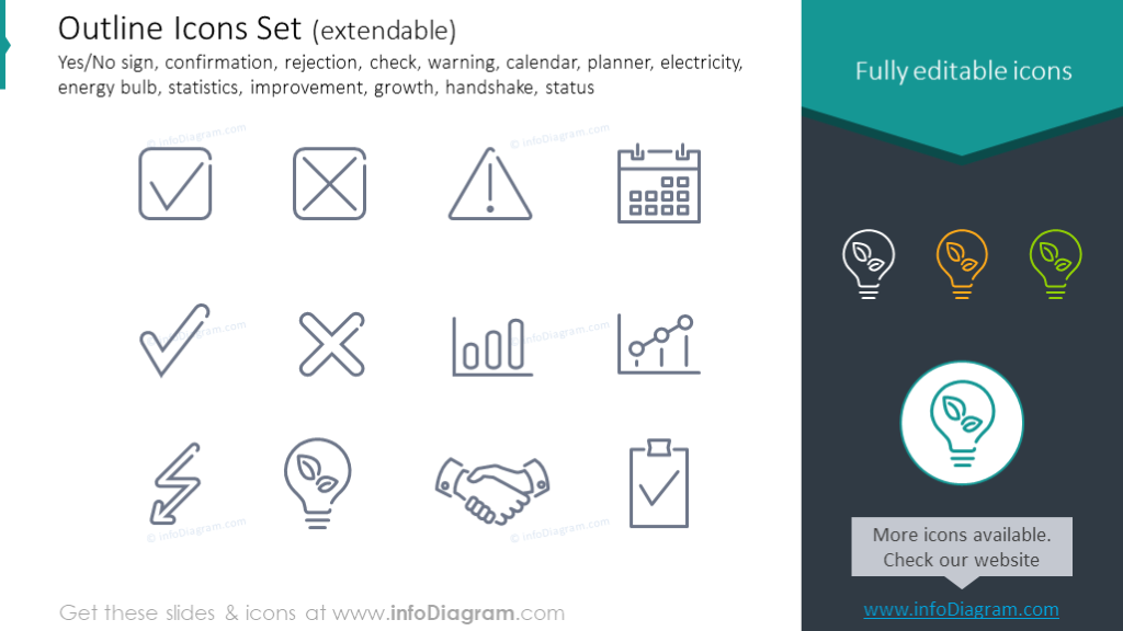 Outline Icons: confirmation, rejection, check, calendar, planner