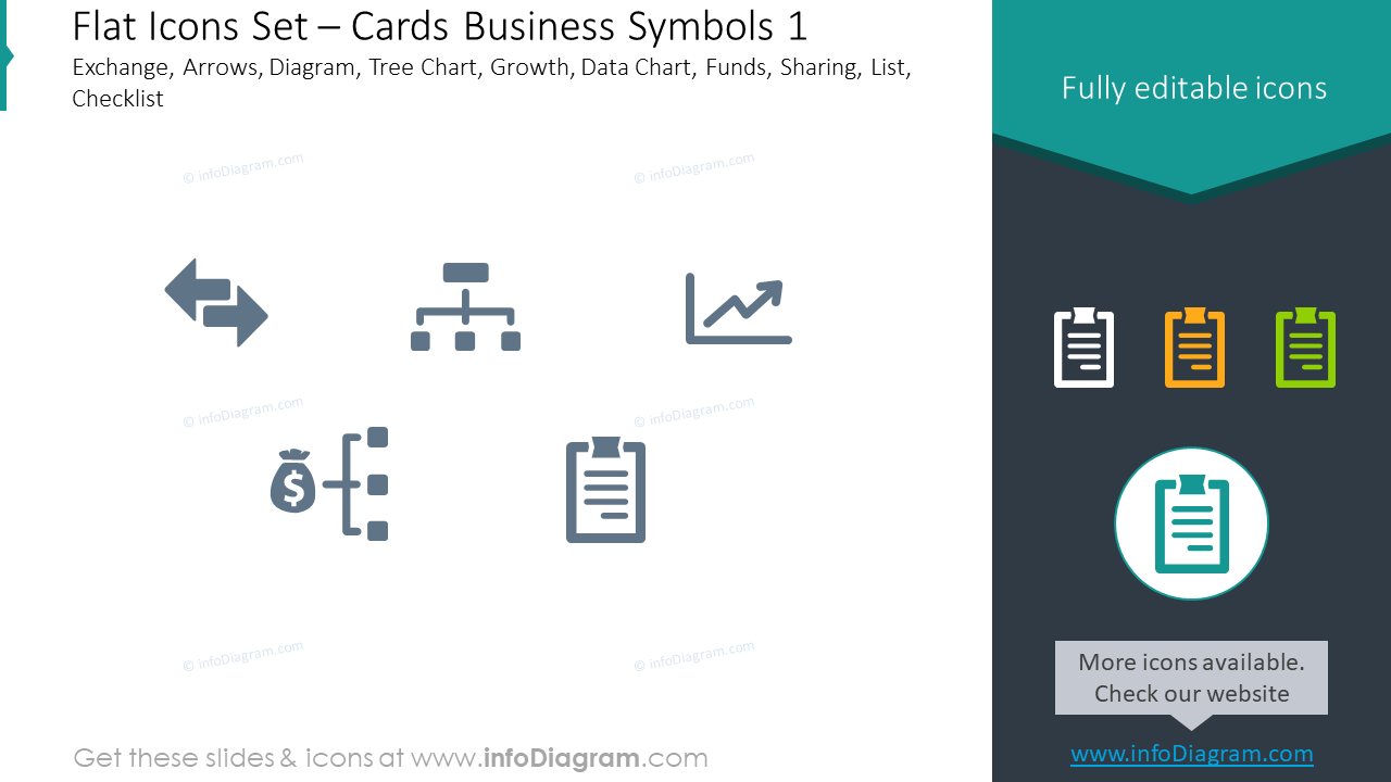 Conjunto de iconos planos: tarjetas, símbolos de negocio, intercambio, flechas