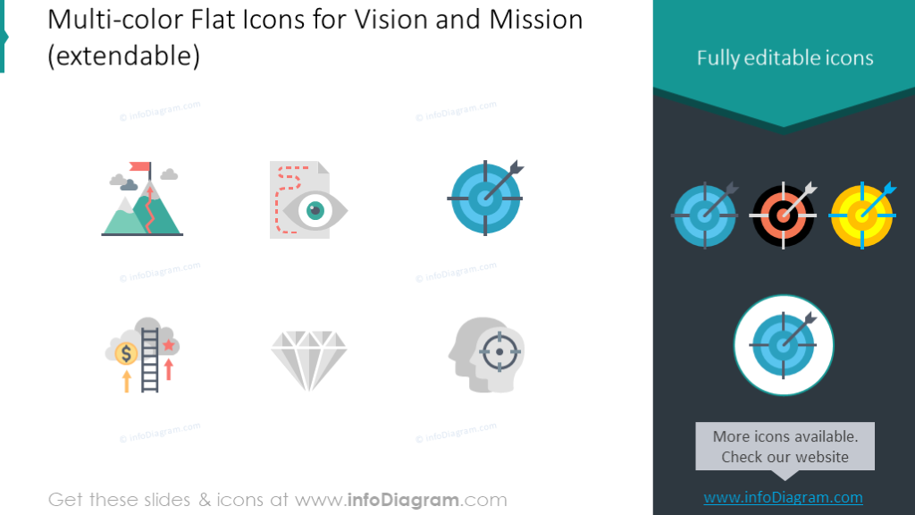 Conjunto de iconos de visión y misión planos multicolores
