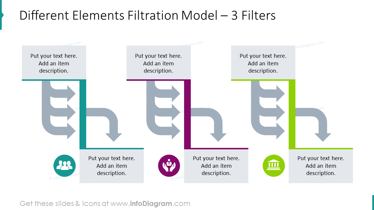 Different elements filtration model with flat icons for 3 filters