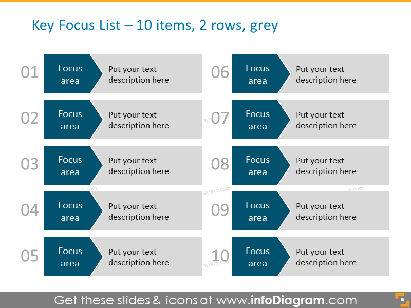Arrows Diagram Template for 10 items in 2 columns in grey color with numbers for Powerpoint