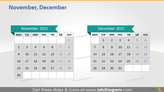 School Calendars 2015 2016 graphics (PPT tables and icons, EU ISO dates)
