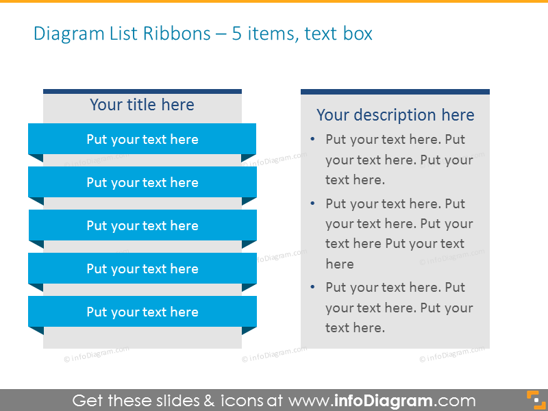 Liste de diagrammes des rubans pour placer 5 éléments avec une zone de texte