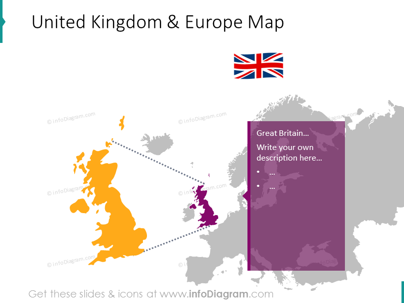 Mapa del Reino Unido y Europa con un marcador de texto