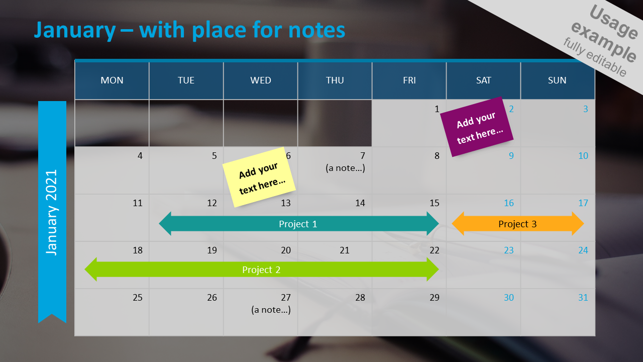 Monthly calendar 2020 slide with place for notes: January