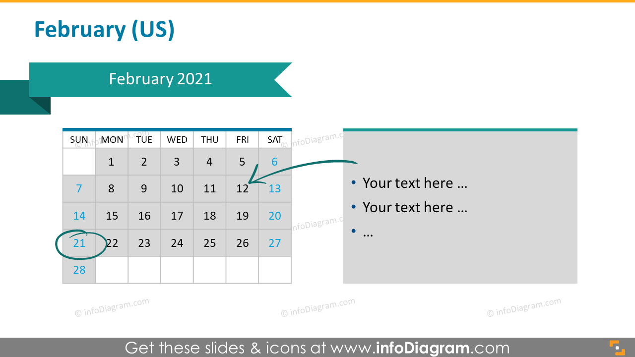 Monthly US calendar 2020 slide with place for notes: February