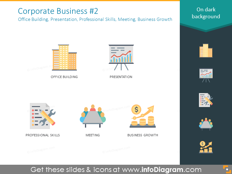 Corporate business: office building, presentation, professional skills