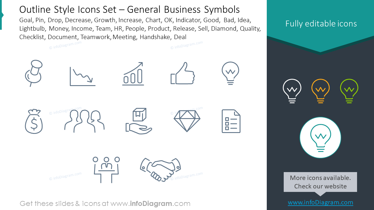Umriss-Stil-Icons-Set: Ziel, Pin, Tropfen, Abnahme, Wachstum
