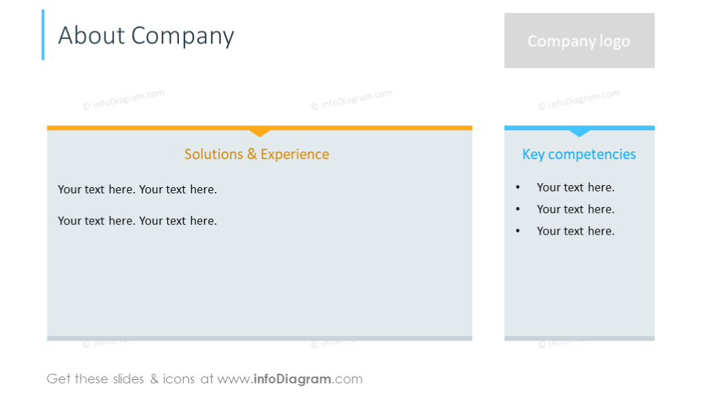 Company information: company logo, solutions and experience, competencies