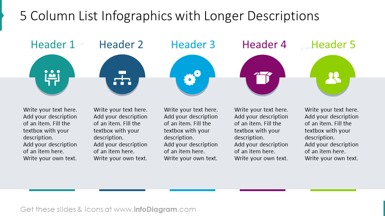 infografías de lista de 5 columnas con descripciones más largas