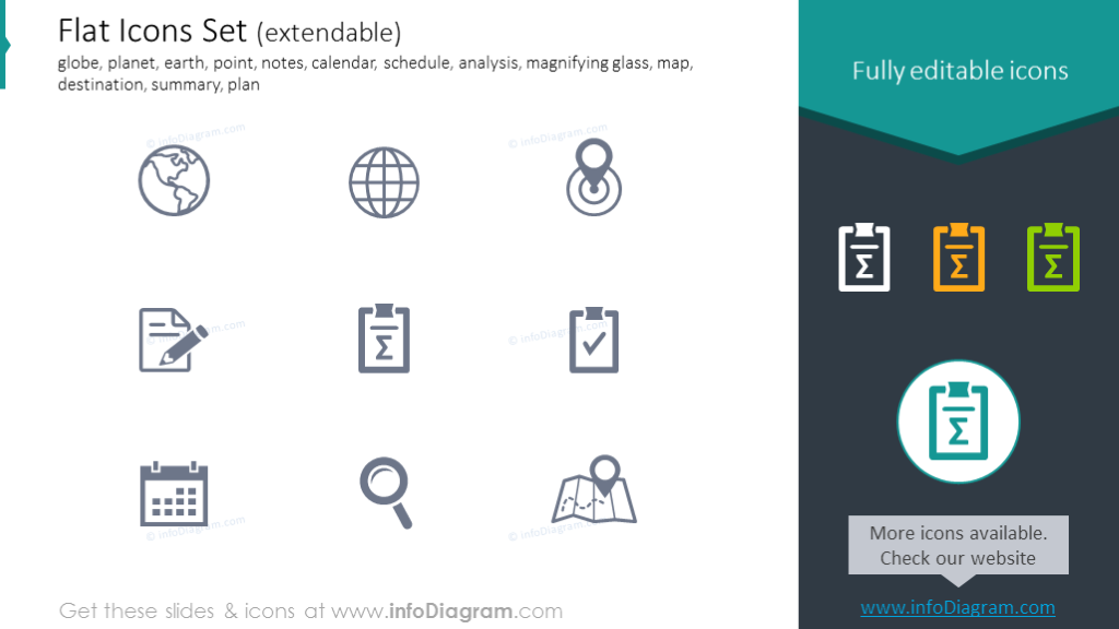 Icons set: earth, calendar, schedule, analysis, destination, summary