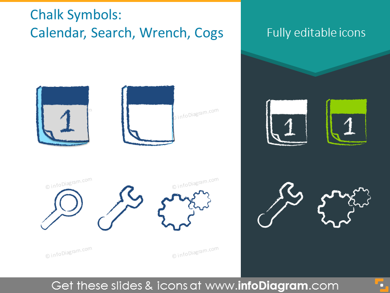  Example of the chalk symbols: calendar, search, wrench, cogs