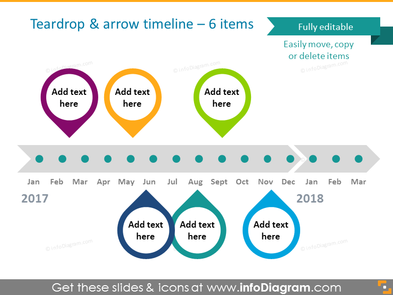 Timeline template powerpoint with teardrops and arrow for 6 items