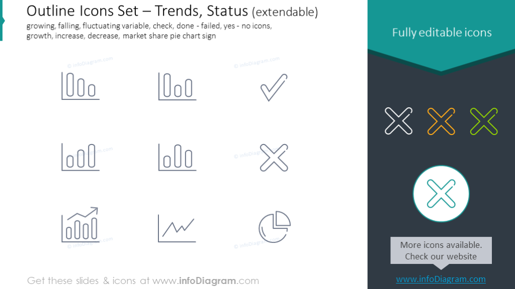 Conjunto de íconos: tendencias, caída, verificación, crecimiento, aumento, disminución